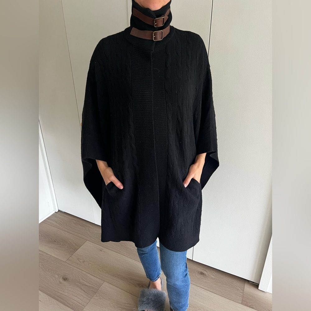 Ralph Lauren Blue Label Black Turtleneck poncho Sweater with Buckle Detail